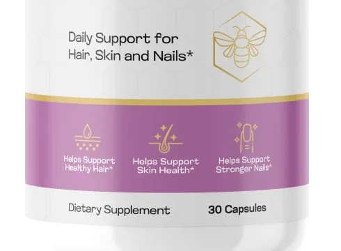 DermaHoney label: helps support healthy hair, skin health and stronger nails